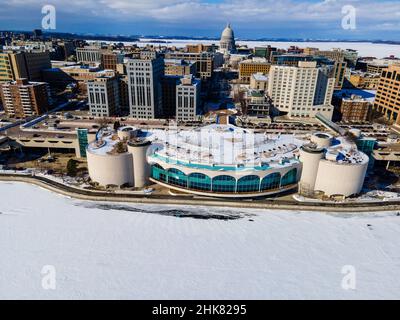 Winter, aerial photograph of downtown Madison, Wisconsin and the Monona Terrace Convention Center. Stock Photo