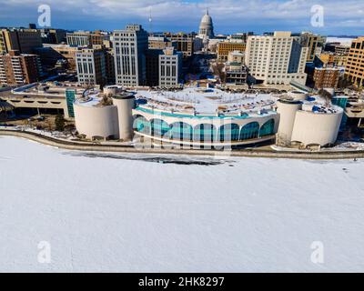 Winter, aerial photograph of downtown Madison, Wisconsin and the Monona Terrace Convention Center. Stock Photo