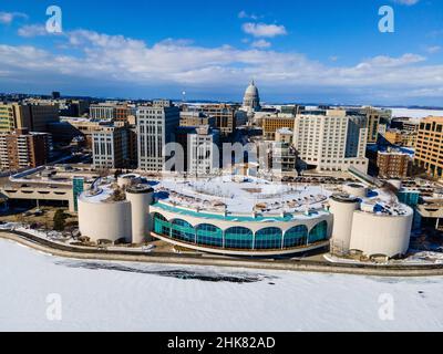 Winter, aerial photograph of downtown Madison, Wisconsin and the Monona Terrace Convention Center. Stock Photo