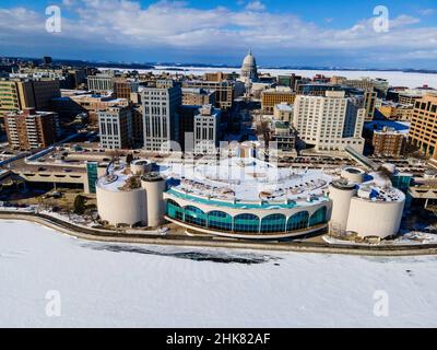 Winter, aerial photograph of downtown Madison, Wisconsin and the Monona Terrace Convention Center. Stock Photo