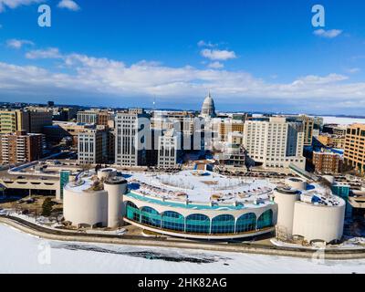 Winter, aerial photograph of downtown Madison, Wisconsin and the Monona Terrace Convention Center. Stock Photo