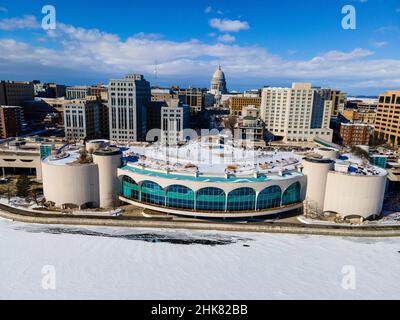 Winter, aerial photograph of downtown Madison, Wisconsin and the Monona Terrace Convention Center. Stock Photo