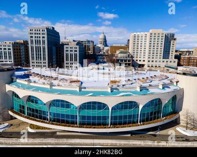 Winter, aerial photograph of downtown Madison, Wisconsin and the Monona Terrace Convention Center. Stock Photo