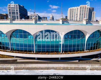 Winter, aerial photograph of downtown Madison, Wisconsin and the Monona Terrace Convention Center. Stock Photo