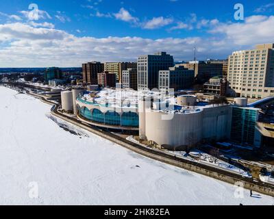 Winter, aerial photograph of downtown Madison, Wisconsin and the Monona Terrace Convention Center. Stock Photo