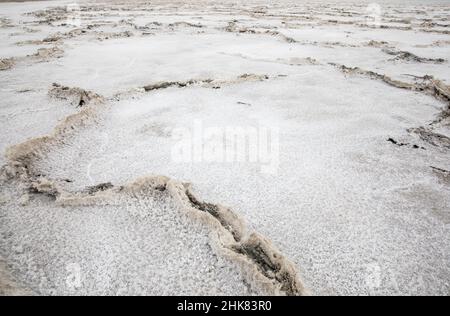 Large cracks in the ground at the salt flats Stock Photo