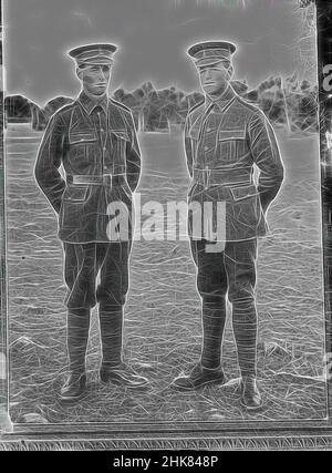 Inspired by Copy of a portrait of two Riflemen of the New Zealand Rifle Brigade, inscribed McDougal, Berry & Co, copyist, 1915-1920, Wellington, black-and-white photography, Reimagined by Artotop. Classic art reinvented with a modern twist. Design of warm cheerful glowing of brightness and light ray radiance. Photography inspired by surrealism and futurism, embracing dynamic energy of modern technology, movement, speed and revolutionize culture Stock Photo