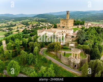 Aerial view of Bibbiena town, located in the province of Arezzo, Tuscany, the largest town in the valley of Casentino. Originally an important Etrusca Stock Photo
