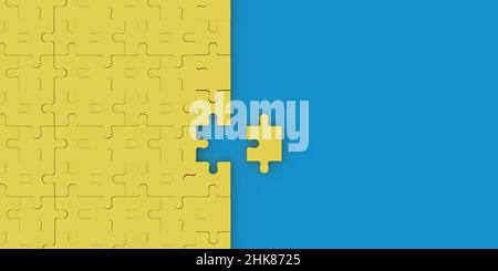 Inserting last authentic Jigsaw Puzzle piece to complete the game. 3D rendered connected objects. Blank background with copy space. Teamwork Stock Photo
