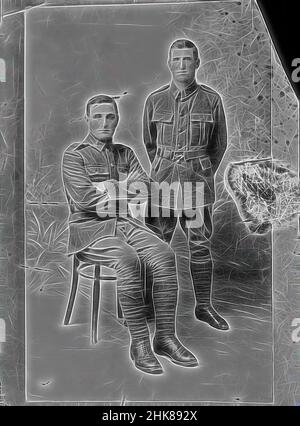 Inspired by Copy of a portrait of two Riflemen of the New Zealand Rifle Brigade, inscribed Rawlins or Rawlings, Berry & Co, copyist, 1917-1920, Wellington, Reimagined by Artotop. Classic art reinvented with a modern twist. Design of warm cheerful glowing of brightness and light ray radiance. Photography inspired by surrealism and futurism, embracing dynamic energy of modern technology, movement, speed and revolutionize culture Stock Photo