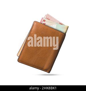 3D rendering of Indonesian rupiah notes popping out of a brown leather men’s wallet Stock Photo