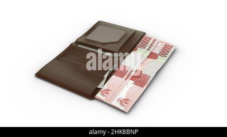 3D rendering of 100000 Indonesian rupiah notes popping out of a brown leather men’s wallet isolated on white background Stock Photo