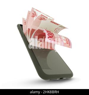 3D rendering of Indonesian rupiah notes inside a mobile phone isolated on white background Stock Photo