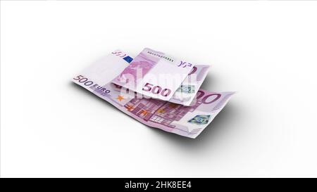 3D rendering of Double 500 Euro notes with shadows on white background Stock Photo