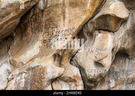 Emigrant signatures along the historic California Trail at City of Rocks National Reserve, Idaho Stock Photo