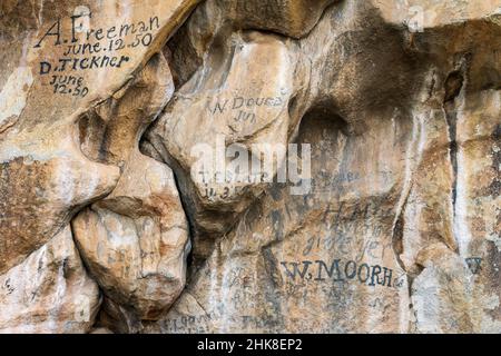 Emigrant signatures along the historic California Trail at City of Rocks National Reserve, Idaho Stock Photo