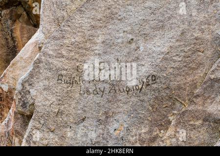 Emigrant signatures along the historic California Trail at City of Rocks National Reserve, Idaho Stock Photo