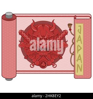 Japanese traditional scroll vector design with Demon Oni in hannya style Stock Vector
