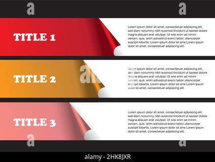 3 numbered strips of peel off stickers with white space for text copy. Abstract vector background isolated on black background as template for page la Stock Vector