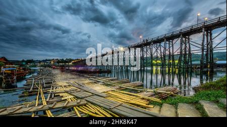 Wooden bridge (Mon Bridge) in Sangkhlaburi District, Kanchanaburi, Thailand Stock Photo