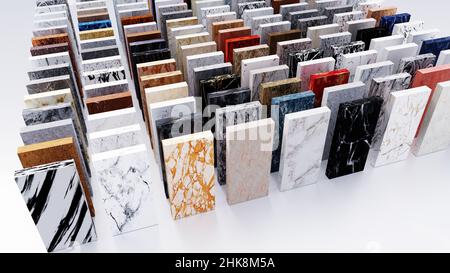 granite and marble countertops color samples, kitchen counter tops slabs, bathroom vanity worktop quartz floor tiles Stock Photo