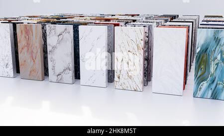 quartz and marble counter top color samples, kitchen countertops slabs, bathroom vanity worktop granite floor tiles Stock Photo
