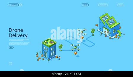 Drone delivery isometric landing page, quadcopters shipping parcels from warehouse to customers. Futuristic logistics technology, aircraft freight transportation service 3d vector line art web banner Stock Vector
