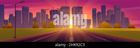 Road to city with buildings and skyscrapers on skyline at sunset. Vector cartoon illustration of summer landscape with empty highway, street lights, sun and modern town on horizon at evening Stock Vector