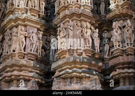 LAKSHMANA TEMPLE: Wall Sculptures.Western Group, Khajuraho, Madhya Pradesh, India Stock Photo