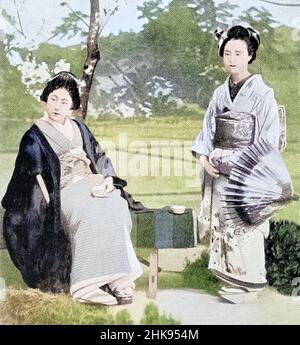 Machine Colourised Two fair Daughters of Japan from the book '  The living races of mankind ' Vol 1 by Henry Neville Hutchinson,, editors John Walter Gregory, and Richard Lydekker, Publisher: London,  Hutchinson & co 1901 Stock Photo