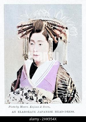 Machine Colourised An elaborate Japanese head-dress from the book '  The living races of mankind ' Vol 1 by Henry Neville Hutchinson,, editors John Walter Gregory, and Richard Lydekker, Publisher: London,  Hutchinson & co 1901 Stock Photo