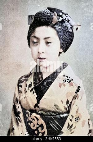 Machine Colourised A Daughter of Japan from the book '  The living races of mankind ' Vol 1 by Henry Neville Hutchinson,, editors John Walter Gregory, and Richard Lydekker, Publisher: London,  Hutchinson & co 1901 Stock Photo