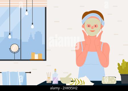 Beauty skincare at home vector illustration. Cartoon girl applying facial skin care cosmetic mask in bathroom, doing morning or night daily routine. Hygiene, wellness therapy, lifestyle concept Stock Vector