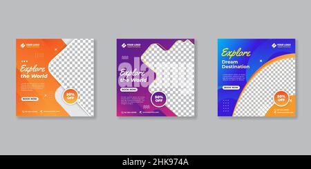 Set of Editable square banner for Travel social media post Stock Vector
