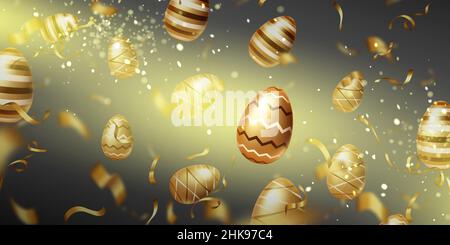 Happy Easter background with golden eggs and spiral ribbons. Vector poster of spring holiday celebration with realistic illustration of 3d luxury gold eggs with patterns and confetti Stock Vector
