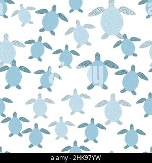 Sea turtles seamless pattern. Cute marine turtle in doodle style. Beautiful animals texture for fabric, wrapping paper, wallpaper, tissue, illustratio Stock Vector