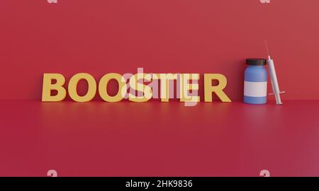 vaccine booster for corona virus with red background and big word text . 3d illustration rendering render Stock Photo