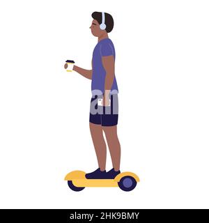 Boy with coffee riding on self balancing hoverboard. Personal eco transportation gadget cartoon vector illustration Stock Vector