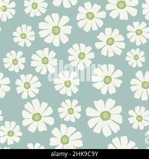 Chamomile pattern seamless in freehand style. Spring flowers on colorful background. Vector illustration for textile prints, fabric, banners, backdrop Stock Vector