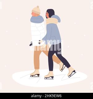 Cute young couple skating together in winter. Ice skate sport or recreational outdoor activity cartoon vector illustration Stock Vector