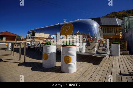 Mountain resort 'Chimbulak'./Almaty, Kazakhstan - Augustl 31, 2014; Stylish cafe  in the territory of Chimbulak Stock Photo