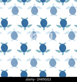 Sea turtles seamless pattern. Cute marine turtle in doodle style. Beautiful animals texture for fabric, wrapping paper, wallpaper, tissue, illustratio Stock Vector
