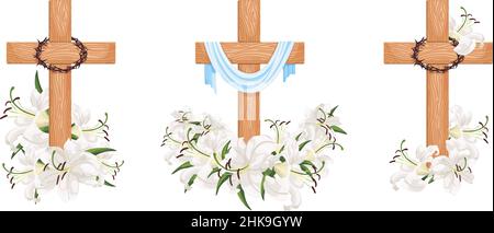 Set crosses with lilies isolated on white background. Religious symbols wooden cross, white lily, fabric and crown of thorns. Vector design Easter ill Stock Vector