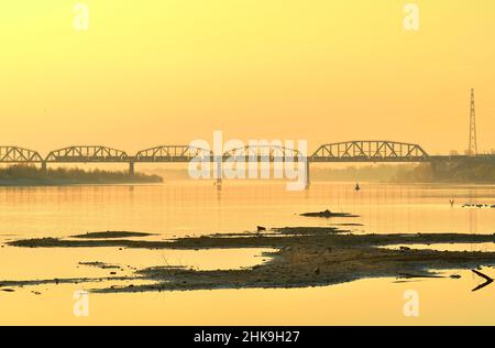 The bank of the Ob River. Sandy islands, a railway bridge on the horizon in the morning. Novosibirsk, Siberia, Russia, 2021 Stock Photo