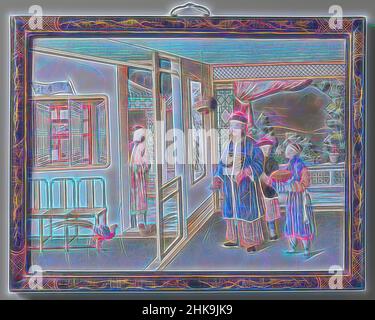 Inspired by Plaque depicting a mandarin's visit, Plaque depicting the visit of a mandarin, Painting in enamel colors on a copper ground. Four Chinese people in an interior. In the background, a window-sized section has been cut out of the copper plate. Behind this opening is a landscape painted on, Reimagined by Artotop. Classic art reinvented with a modern twist. Design of warm cheerful glowing of brightness and light ray radiance. Photography inspired by surrealism and futurism, embracing dynamic energy of modern technology, movement, speed and revolutionize culture Stock Photo