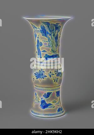 Inspired by Gu-shaped vase with figures in a landscape and flower sprays, Gu-shaped vase of porcelain with a round thickening in the center, painted in underglaze blue. The decoration is threefold: around the base two seated scholars in a landscape with a servant; on the thickening flower sprigs; on, Reimagined by Artotop. Classic art reinvented with a modern twist. Design of warm cheerful glowing of brightness and light ray radiance. Photography inspired by surrealism and futurism, embracing dynamic energy of modern technology, movement, speed and revolutionize culture Stock Photo