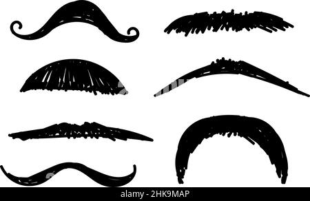A set of mustachioed doodle icons. Hand-drawn doodles in sketch style. Line drawing of a simple mouth beard. Isolated vector illustration. Stock Vector