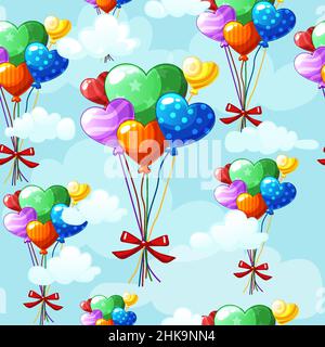 Seamless pattern heart-shaped colored balloons in the sky background. Stock Vector
