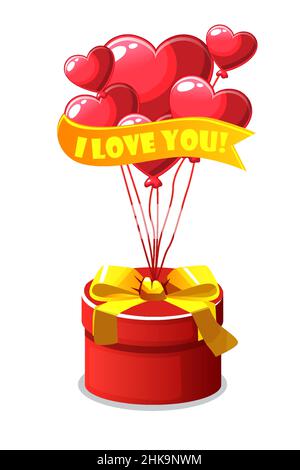Bunch red heart-shaped balloons with gift box for Valentines Day. Stock Vector
