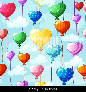 Seamless pattern heart-shaped colored balloons in the sky with clouds background. Stock Vector